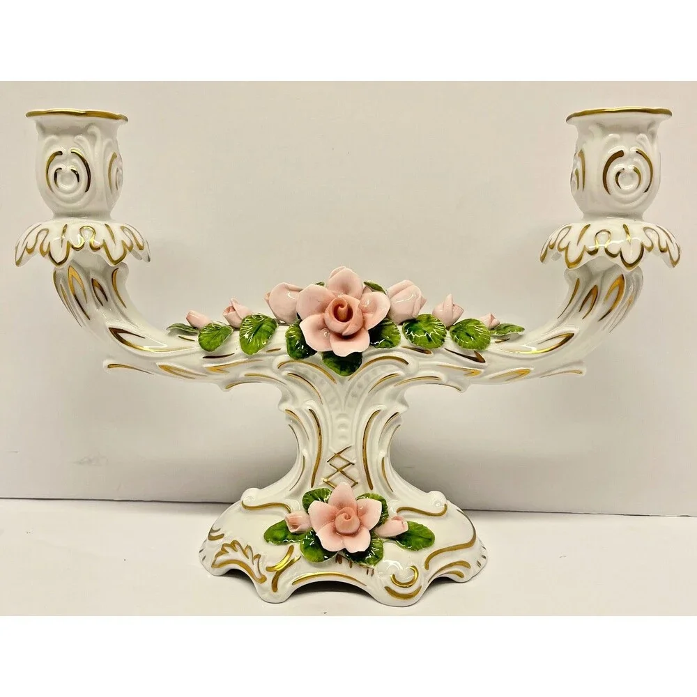 Vintage AK W. Germany Double Porcelain Candle Holder 700–Pink Rose Dresden Style